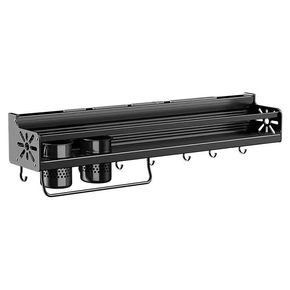 Black magnetic storage rack with hooks, utensil holders, and top shelf for organizing kitchen tools or spices.