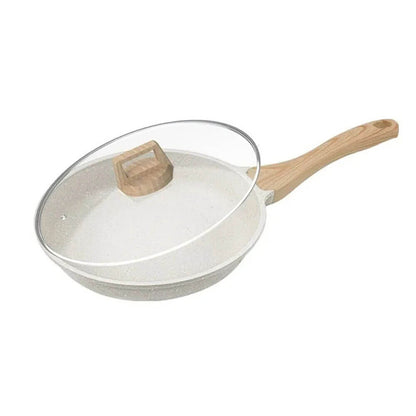 A sleek Maifan Stone Frying Pan with a natural non-stick coating, featuring a transparent glass lid and a stylish wood-grain handle. Perfect for healthy and efficient cooking.