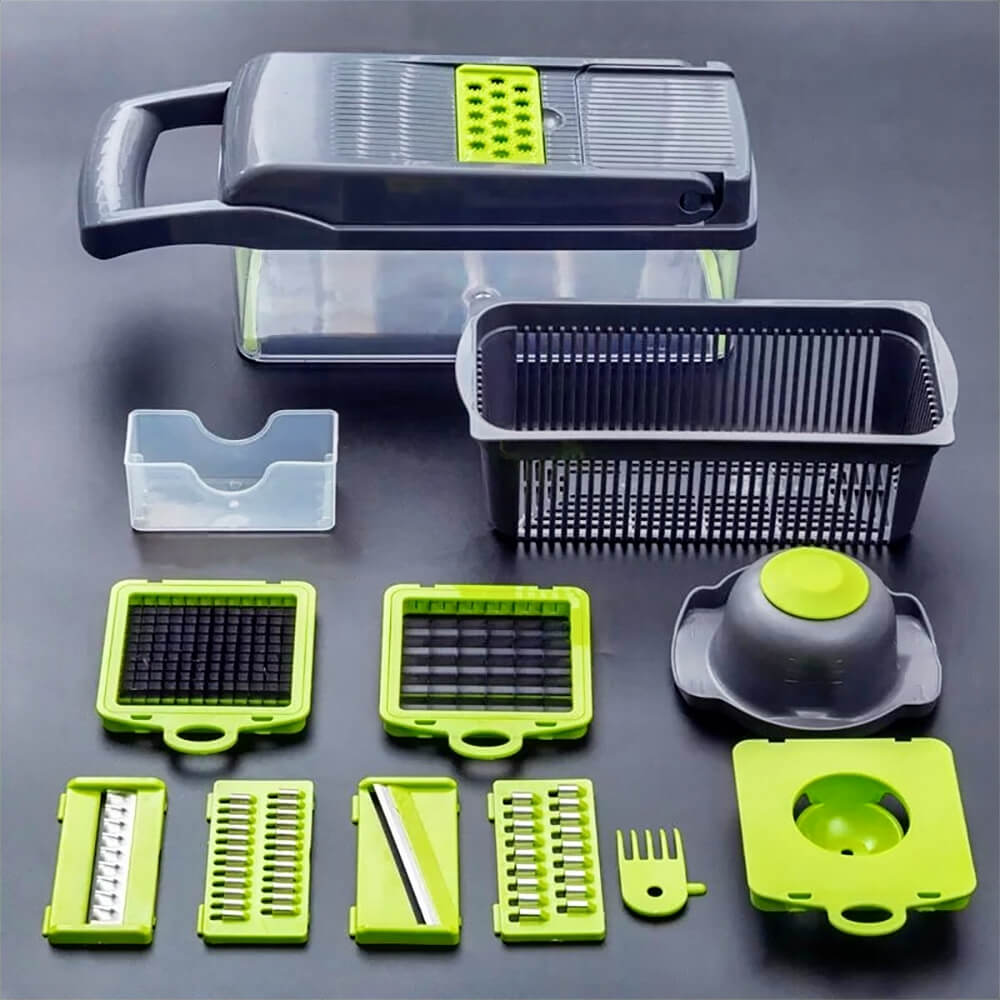Manual vegetable chopper set with multiple blades, grater, slicer attachments, strainer basket, container, and hand guard displayed.