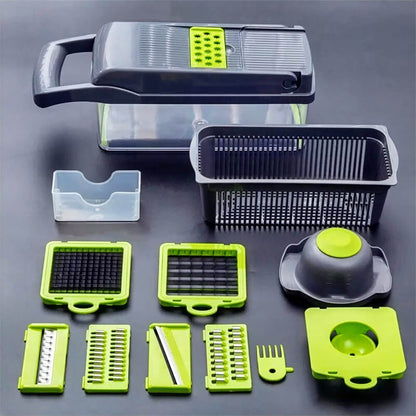 Manual vegetable chopper set with multiple blades, grater, slicer attachments, strainer basket, container, and hand guard displayed.