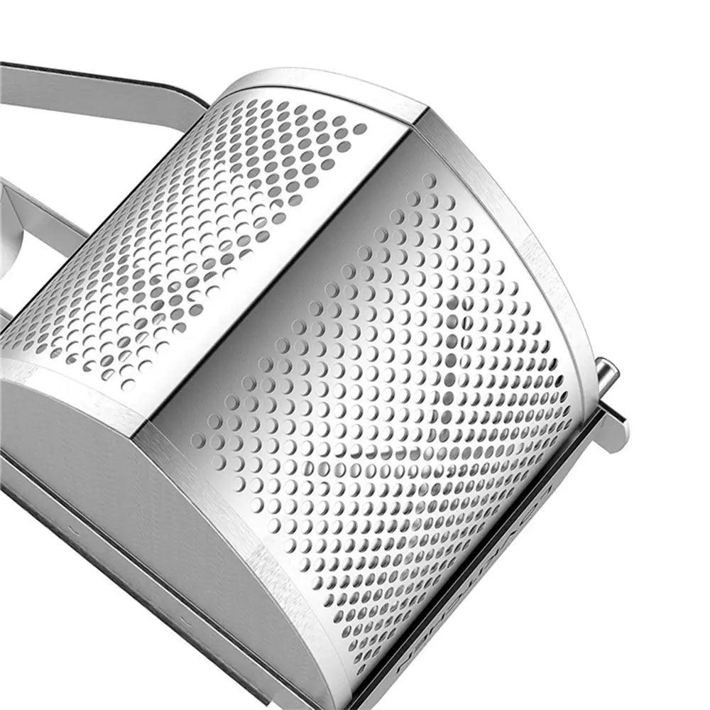 Close-up of stainless steel masha potato and vegetable masher showing perforated double-sided basket for smooth pressing.