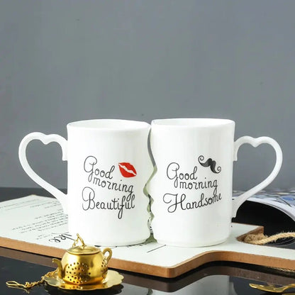 Matching mugs for couples with heart-shaped handles.