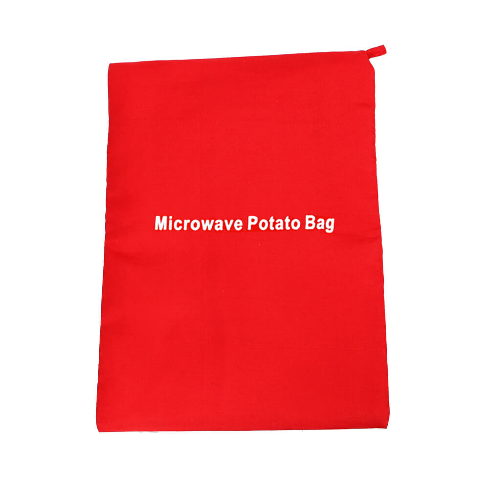 Bright red microwave potato bag with a stitched label reading Microwave Potato Bag, in white text, designed for cooking potatoes in the microwave.