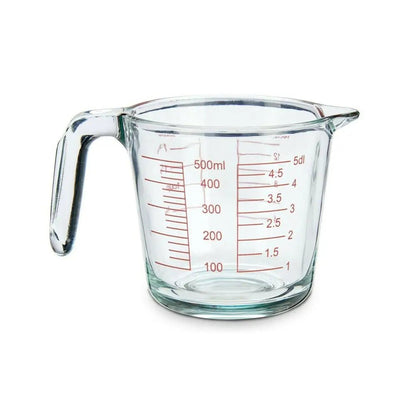 Clear milliliter measuring cup with red measurement markings, ideal for precise liquid measuring in cooking and baking tasks.