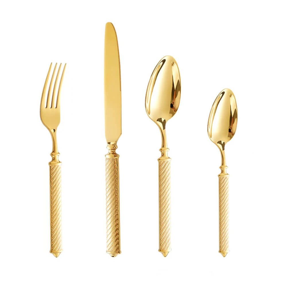 Modern cutlery sets in gold finish with textured handles, includes a fork, knife, tablespoon, and teaspoon neatly aligned upright.
Ask ChatGPT