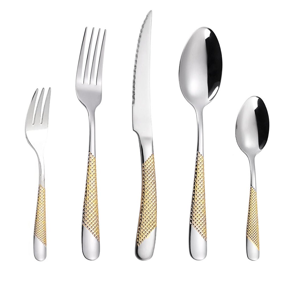 Five-piece stainless steel flatware set with gold textured handles: fork, knife, spoon, salad fork, and teaspoon.