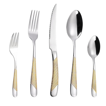 Modern stainless steel flatware set with a sleek design.