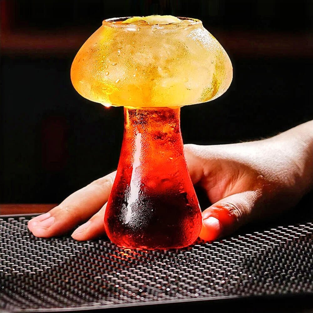 Unique mushroom shape glass featuring a striking design with a vibrant gradient, transitioning from a warm amber top to a deep red base. The frosted texture adds an elegant touch, while the stem-like base mimics the natural form of a mushroom. Perfect for serving cocktails or specialty beverages, this glass combines functionality with artistic flair.