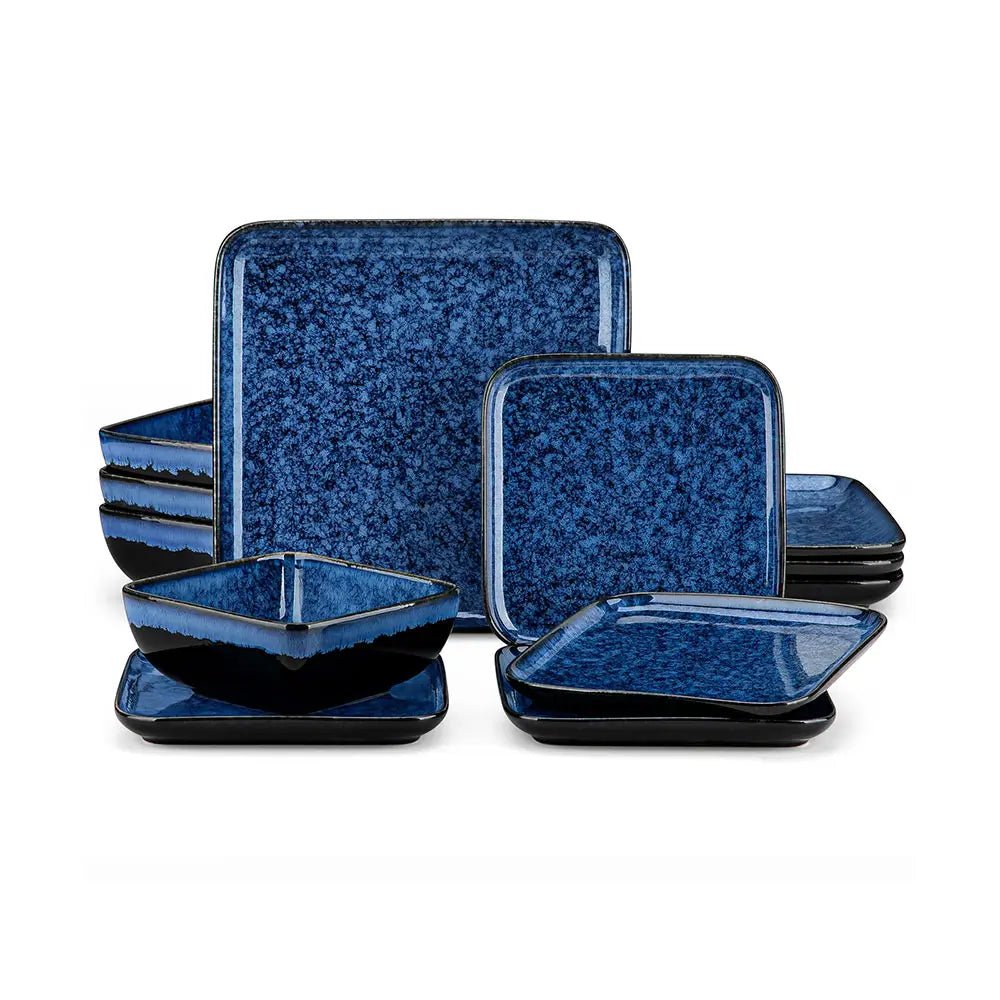 Set of blue ceramic square plates on a white background