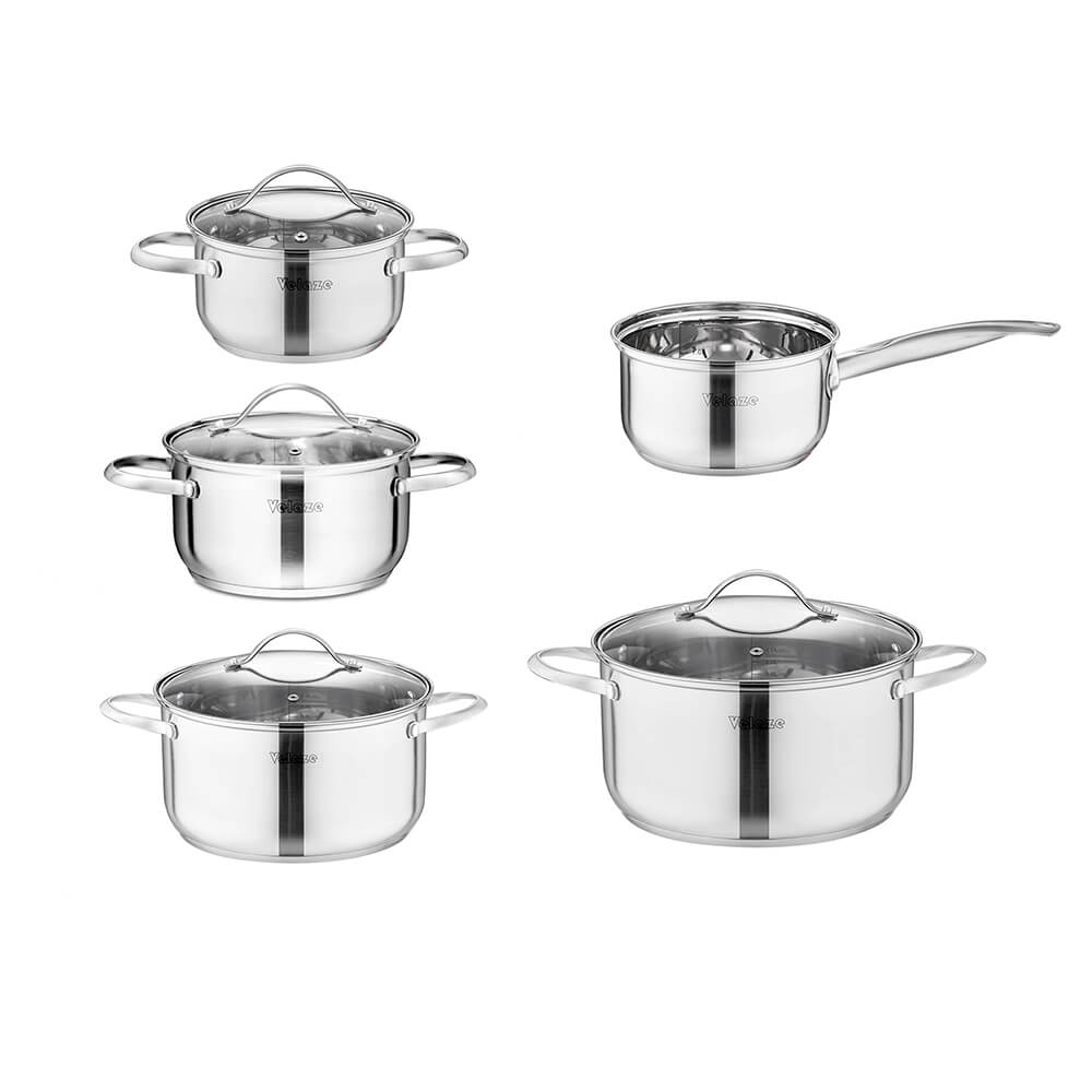 Set of non-stick stainless steel cookware sets featuring five pieces, including saucepans and stockpots with matching glass lids, designed for durability and modern kitchen functionality.