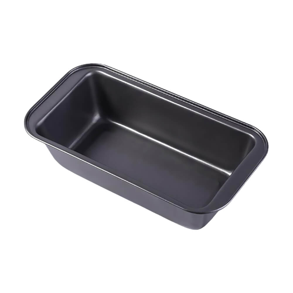 A black nonstick loaf pan with a rectangular shape and smooth interior is shown against a plain white background. The pan has slightly rounded corners and a sturdy build.