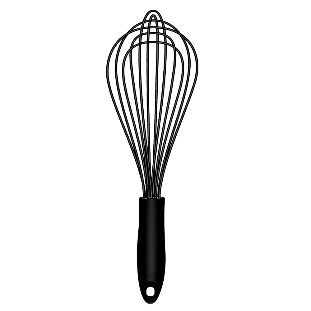 Black nonstick whisk with silicone-coated wires, perfect for mixing, beating, and stirring without scratches.