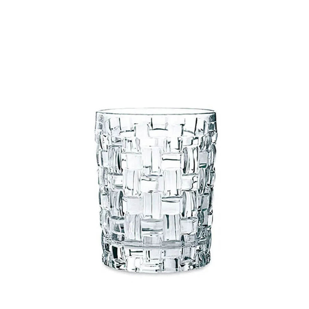 A single clear old-fashioned glass with a geometric lattice pattern on its surface, placed against a plain white background.