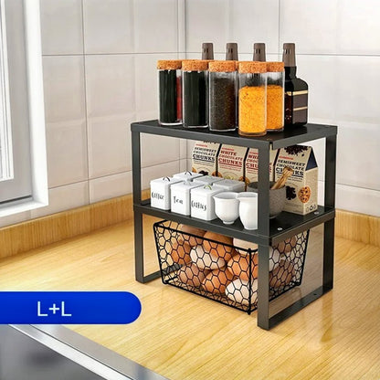 A black organizer racks for the kitchen, holding spice jars, bottles, food packages, and an egg basket.