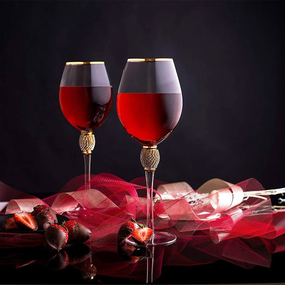 Two outdoor wine glasses with elegant design, perfect for enjoying drinks at an outdoor dining setup.