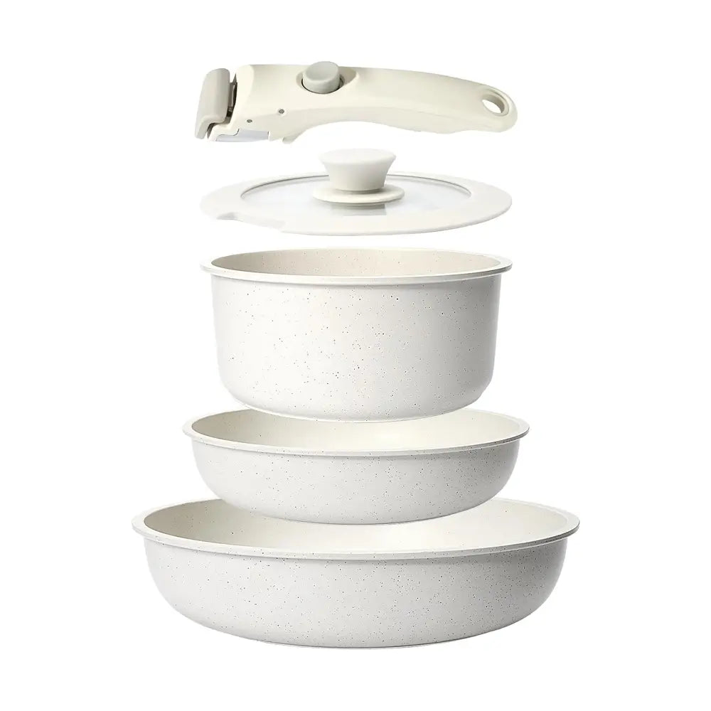 Pans with removable handles set displayed in a stack, including detachable handle, glass lid, deep pot, sauté pan, and frying pan.