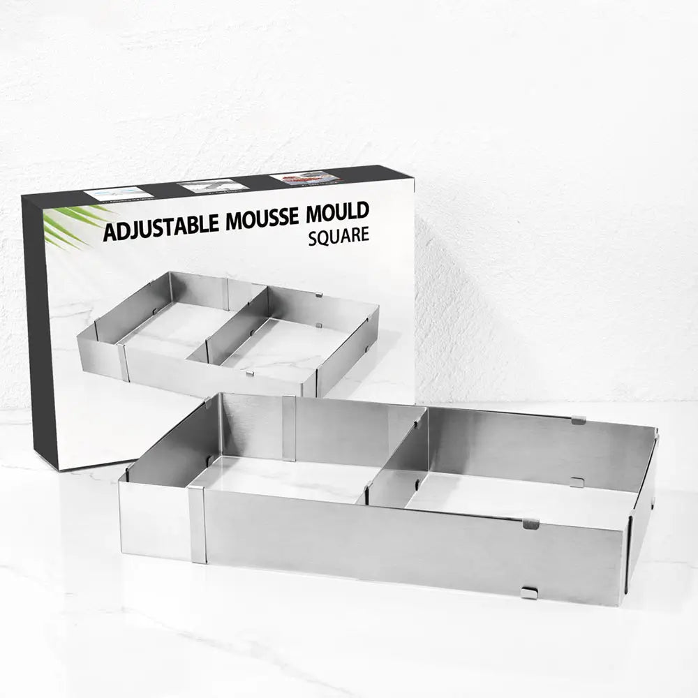 Adjustable mousse mould with packaging on a white background.