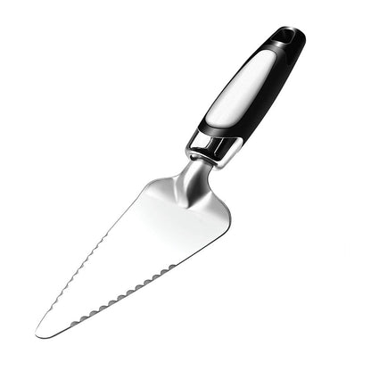 Stainless steel pastry server with a triangular head and serrated edges for precise slicing.