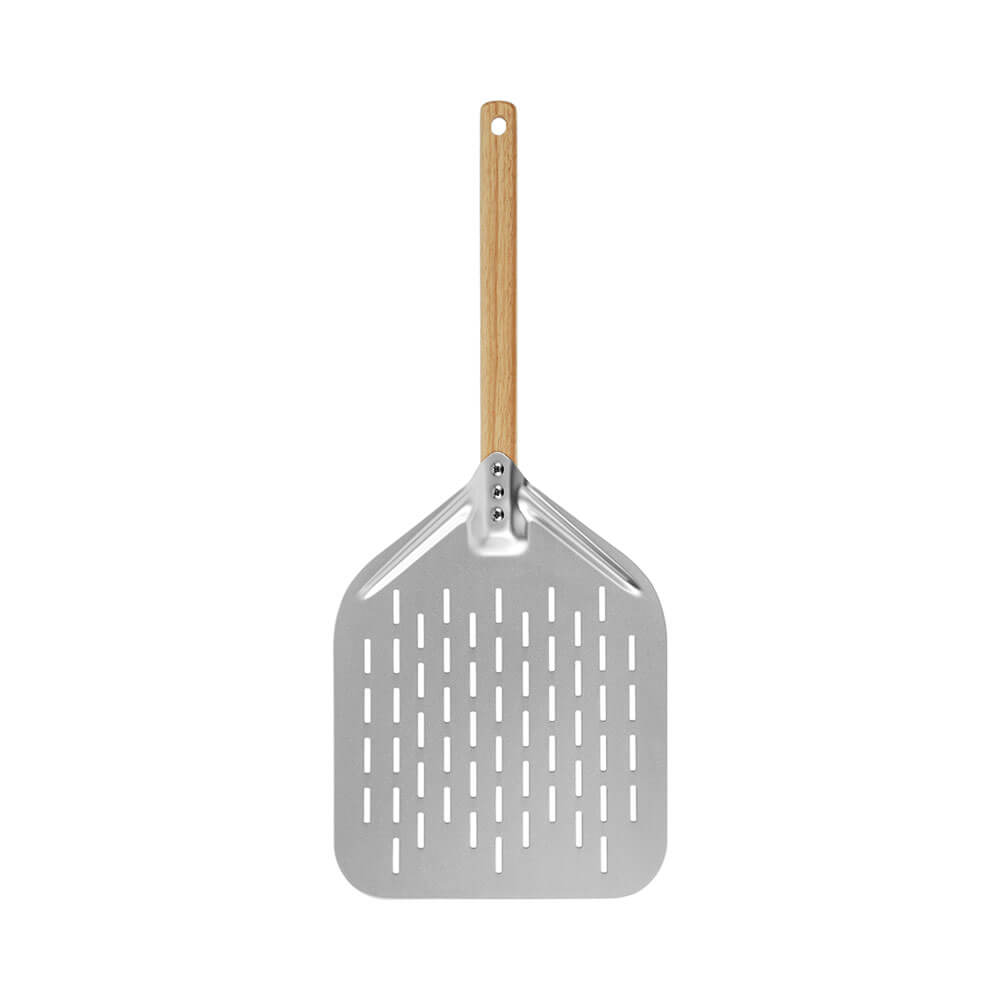 Stainless steel perforated pizza peel with wooden handle, ideal for sliding and retrieving pizzas from hot ovens.