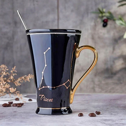 Stunning black Pisces zodiac mug with a luxurious golden handle, featuring a delicate Pisces constellation design and elegant script, perfect for astrology lovers and zodiac collectors.