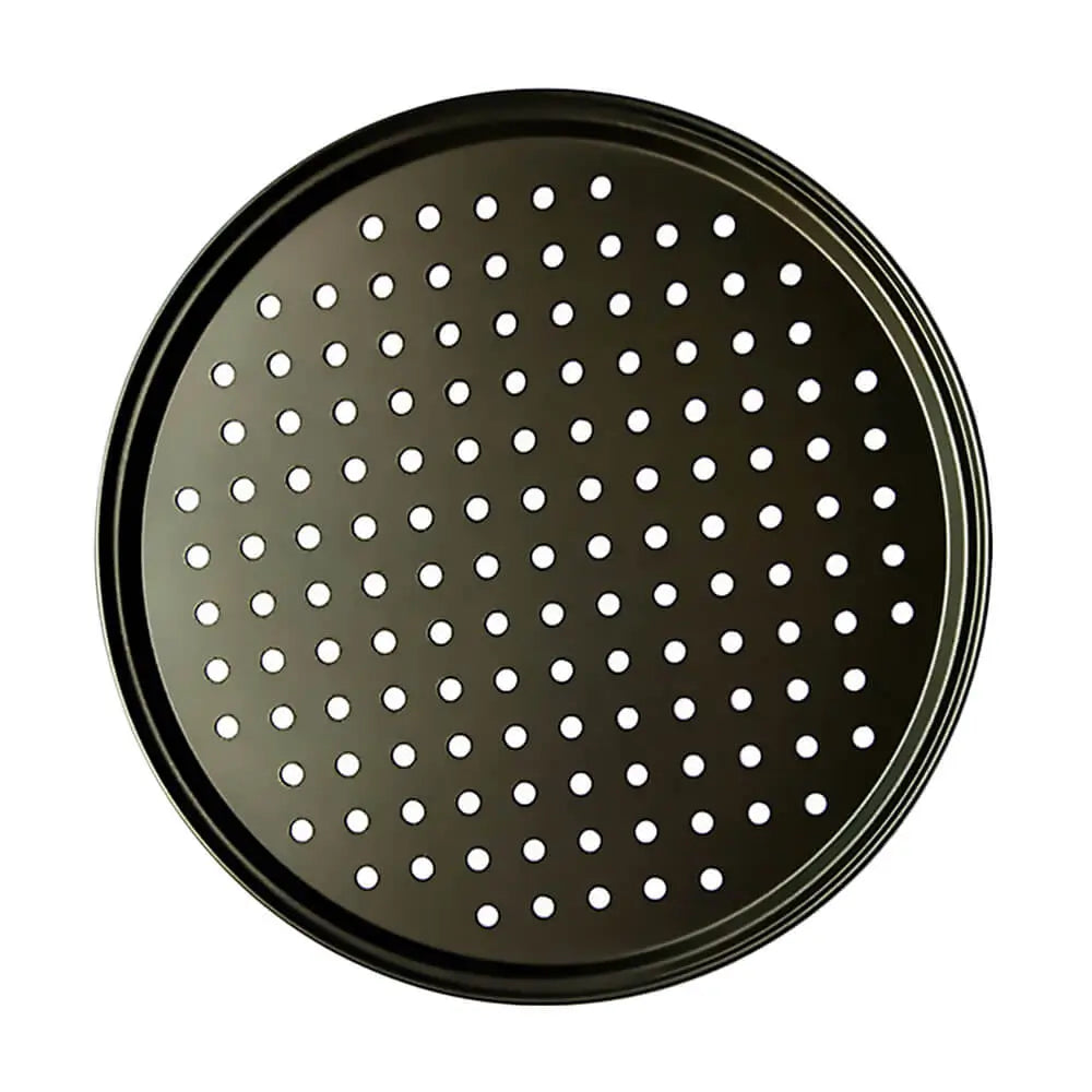 Round black pizza crisper pan with evenly spaced perforated holes for better air circulation and a crispier pizza crust.