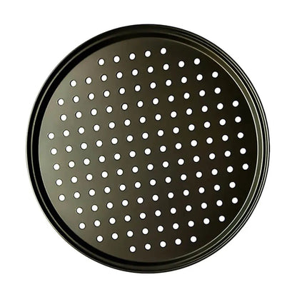 Round black pizza crisper pan with evenly spaced perforated holes for better air circulation and a crispier pizza crust.