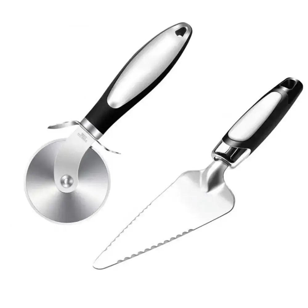 Pizza cutter stainless steel set with ergonomic handles, featuring a sharp wheel cutter and matching serrated pastry server.