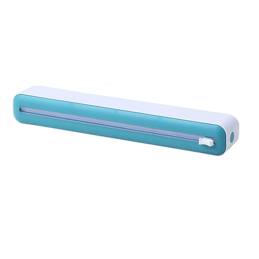 Plastic cling wrap dispenser in blue and white with sliding cutter, perfect for neatly slicing and storing food wrap in the kitchen.