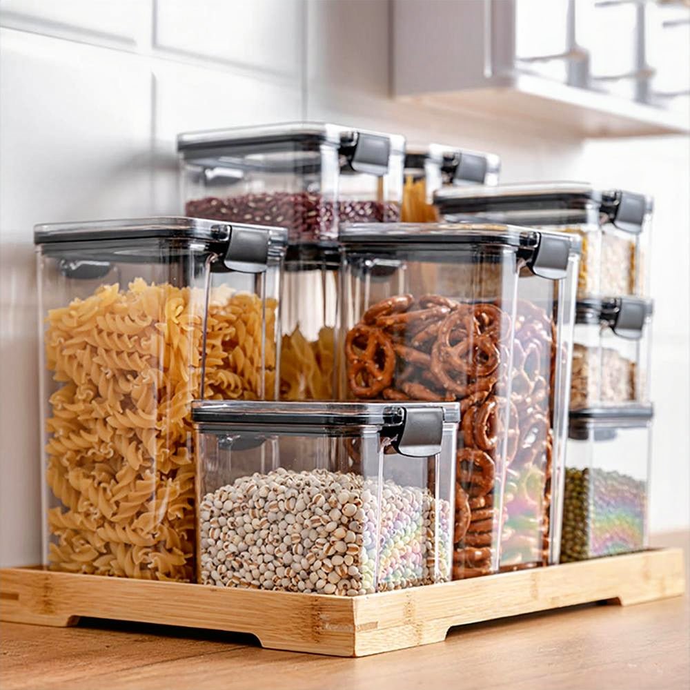 Set of plastic storage canisters on the kitchen countertop, organizing kitchen essentials.