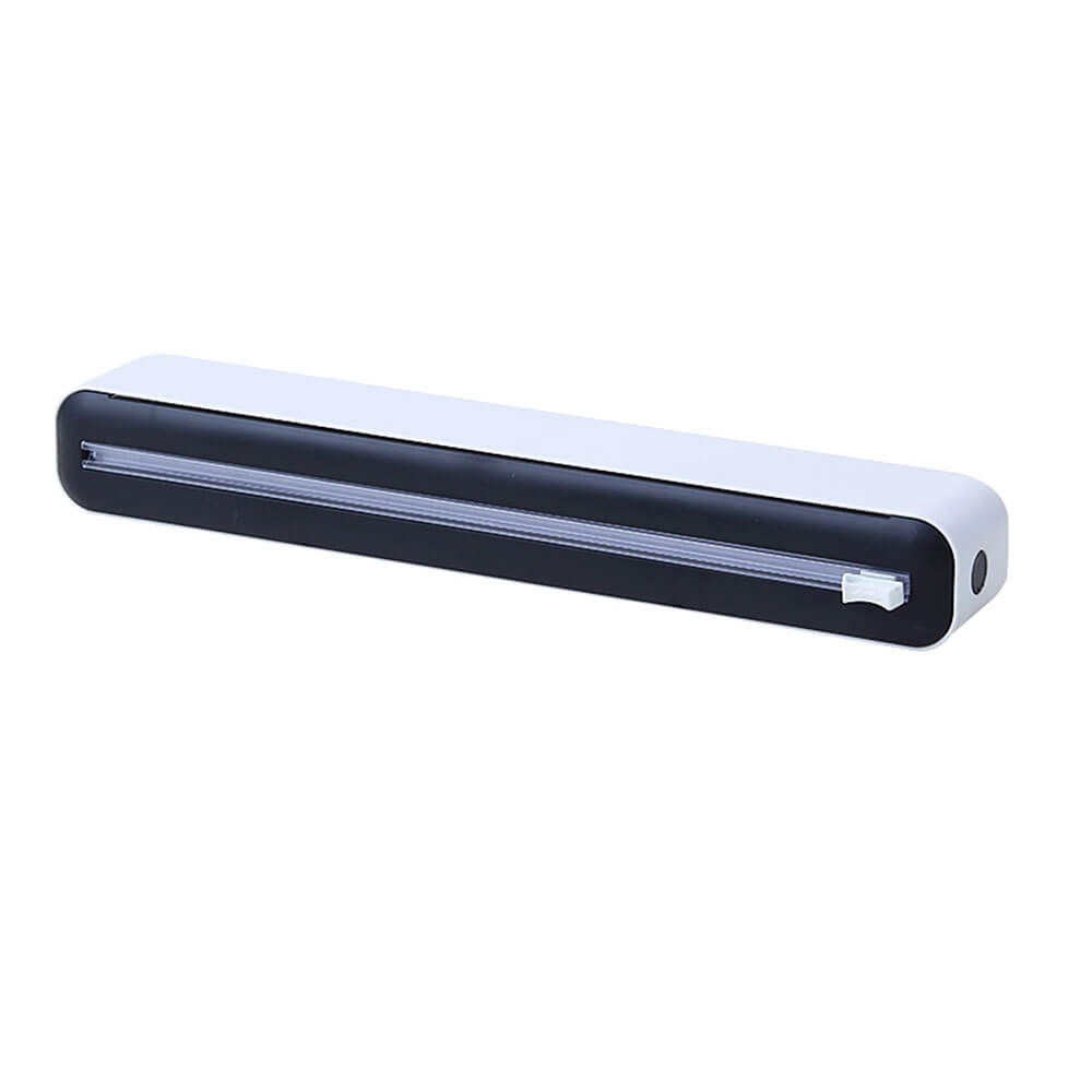 Black and white plastic wrap dispenser with built-in sliding cutter, designed for easy and clean slicing of kitchen wrap rolls.