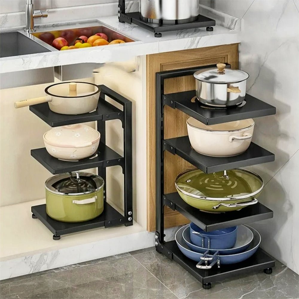 Grey pot and pan cabinet organizer with multiple tiers, ideal for maximizing kitchen storage and organization.