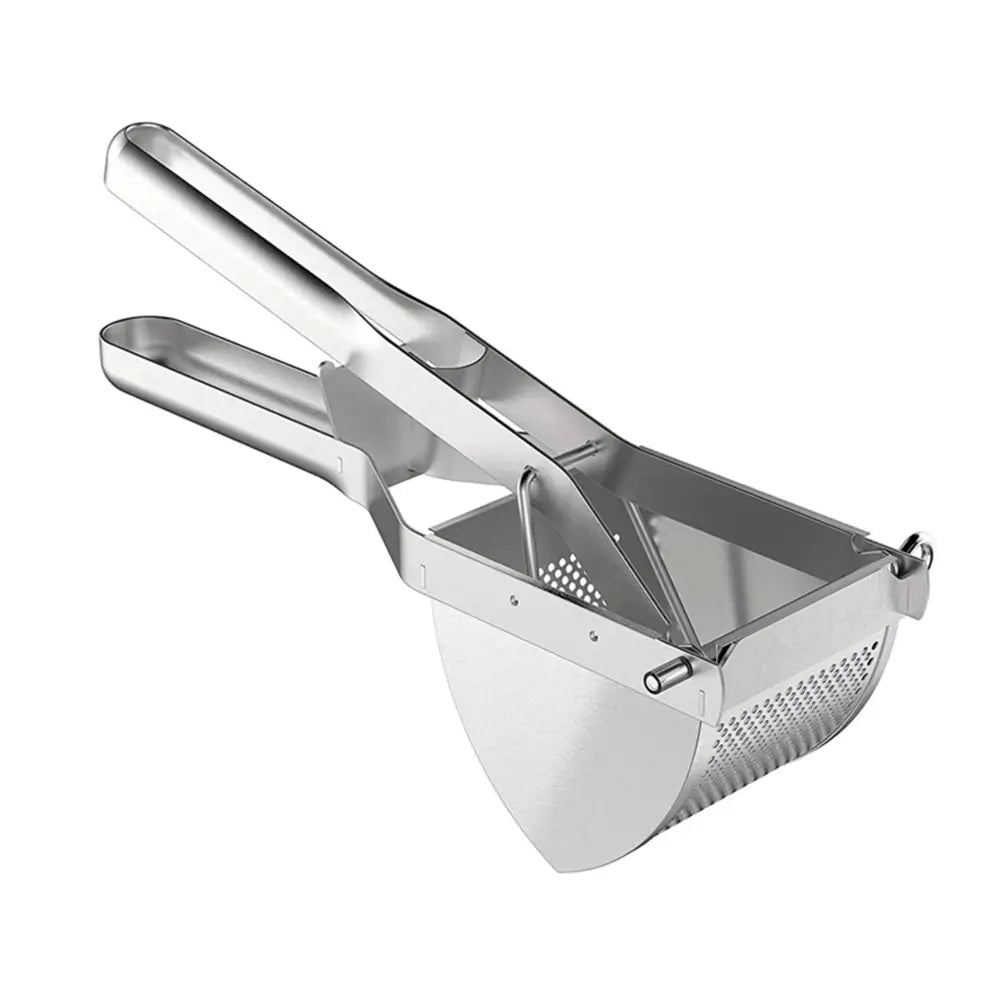 Stainless steel potato masher with perforated basket and dual handles shown on a white background.
