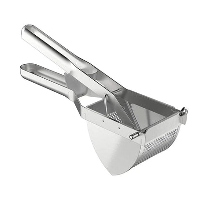 Stainless steel potato masher with perforated basket and dual handles shown on a white background.