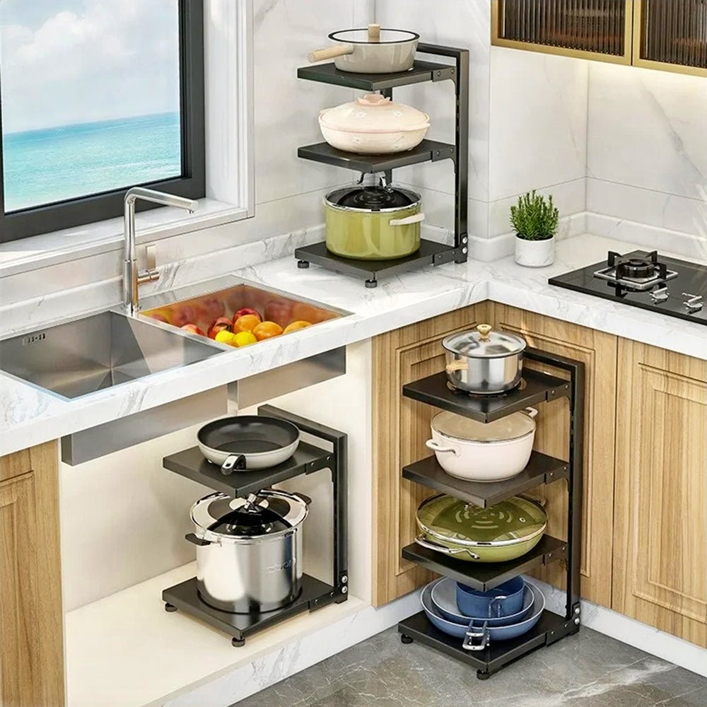 Pots and pan organizer displayed on the kitchen counter, with another neatly placed inside and next to the cabinet.