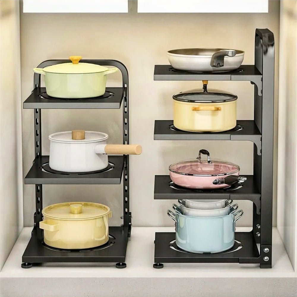 Black pots and pans organizer with adjustable tiers, designed for efficient kitchen storage and space-saving.