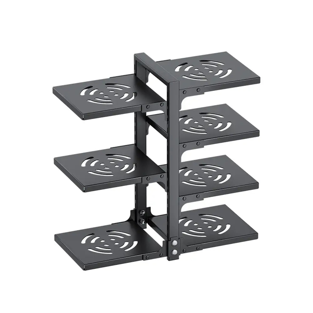 Black metal pots and pans organizer with multiple adjustable shelves for kitchen storage.