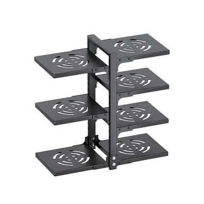 Black metal pots and pans organizer with multiple adjustable shelves for kitchen storage.