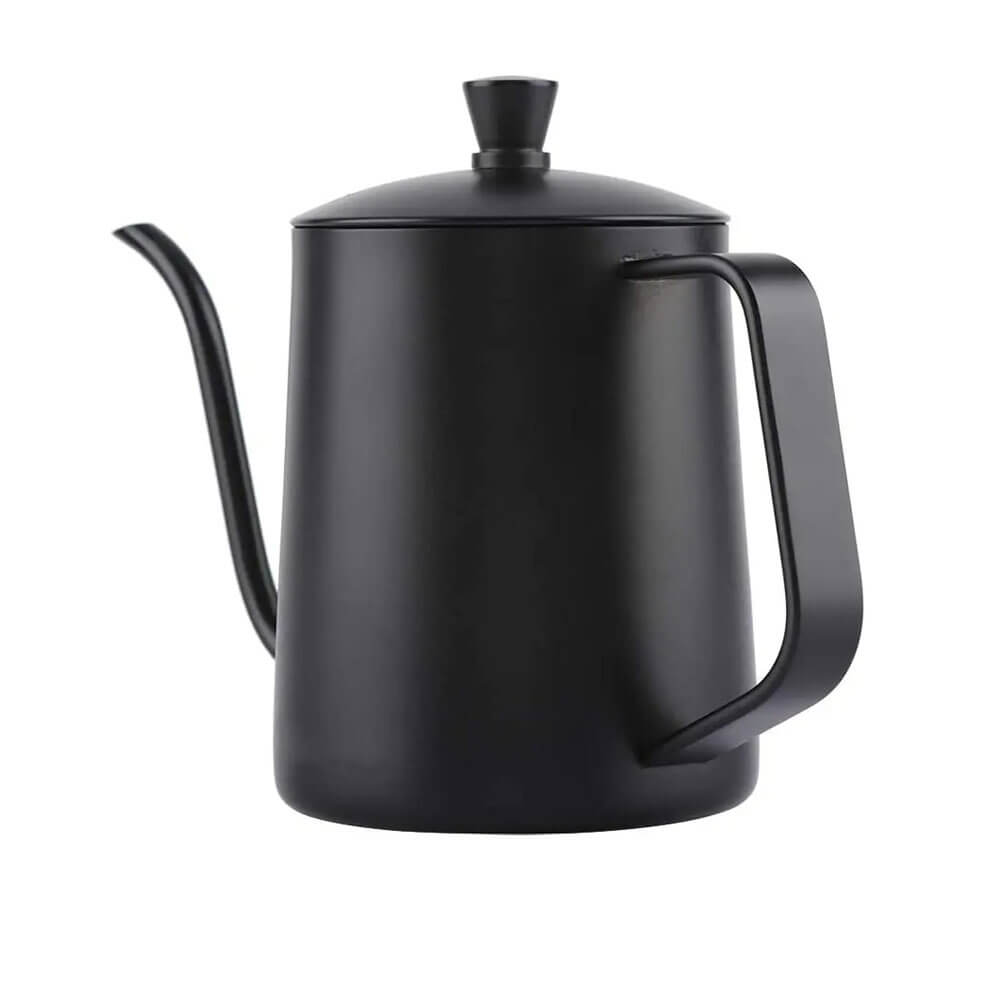 A matte black pour over coffee drip kettle with a sleek, cylindrical design. It features a long, curved gooseneck spout for precise pouring, a sturdy flat handle for a comfortable grip, and a lid with a simple knob on top.