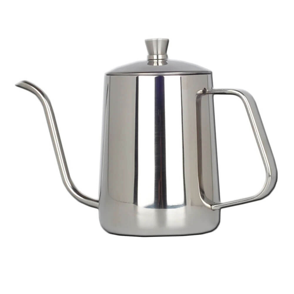 A polished stainless steel pour over coffee kettle with a cylindrical body, a long gooseneck spout for precise pouring, an angular handle, and a lid with a small round knob.