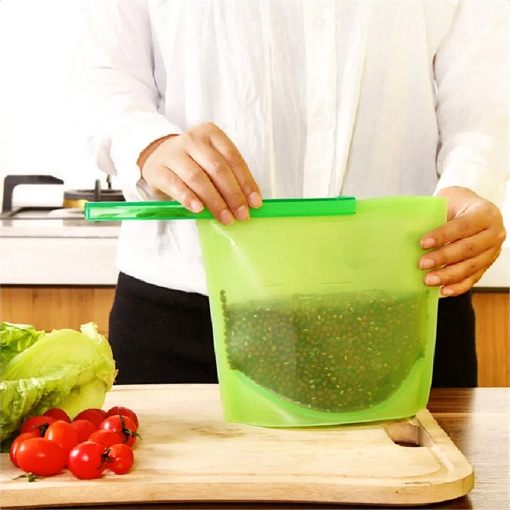 Reusable silicone bags filled with fresh herbs on a kitchen counter, highlighting their ability to keep herbs fresh and fragrant while reducing plastic waste.