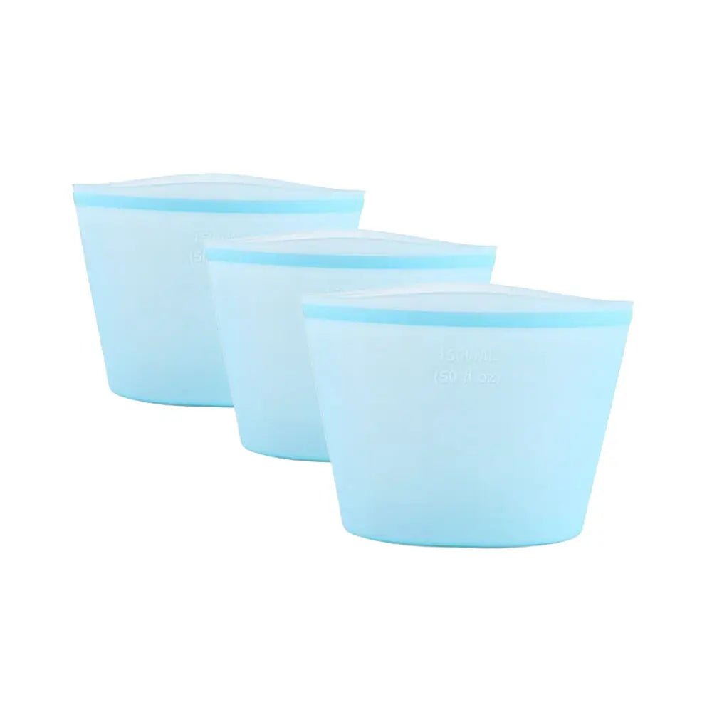 Three light blue, tapered reusable bags silicone storage containers are displayed in a row against a plain white background.