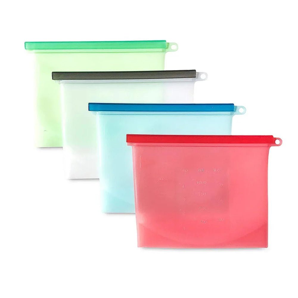 Four colorful reusable silicone bags in various sizes, made from durable, food-grade platinum silicone, perfect for storing food and reducing plastic waste.