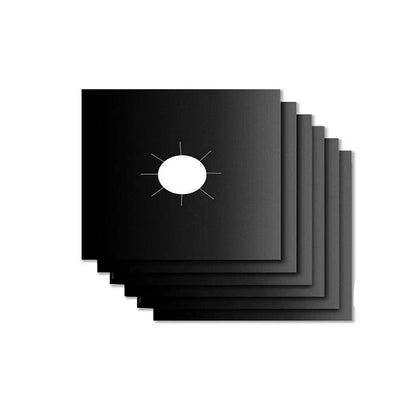 Stack of black reusable stove protector sheets with circular center cutouts for fitting around gas burners.