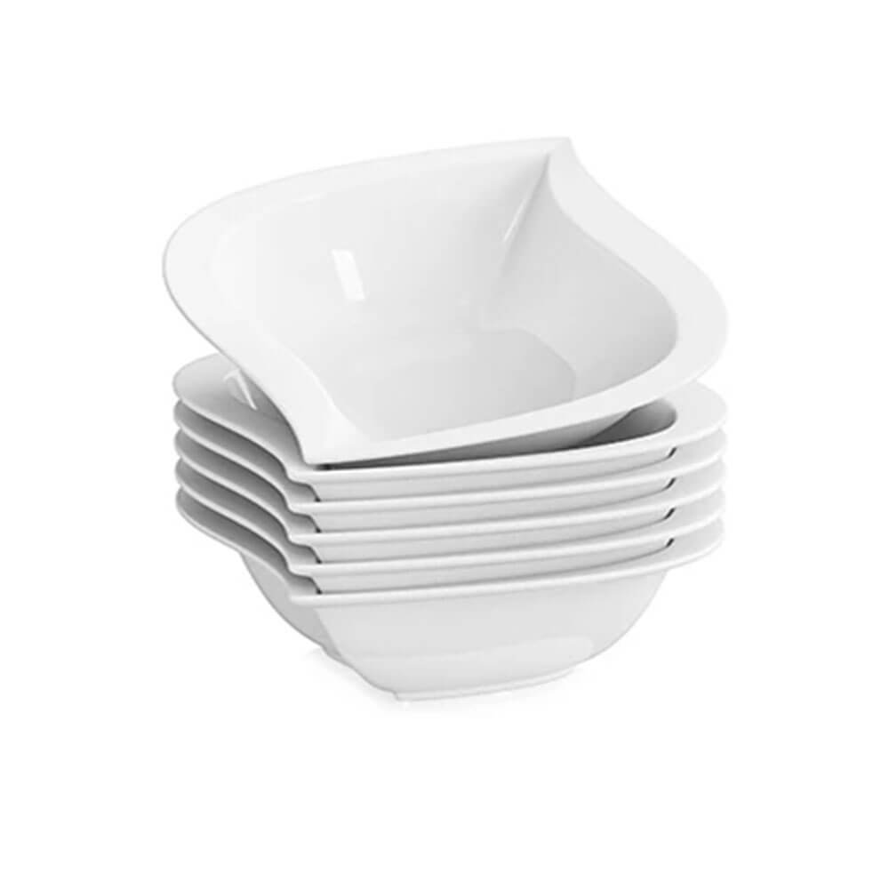 Stack of modern, square white serving bowls, perfect for presenting soups, salads, or side dishes with a sleek and elegant design.