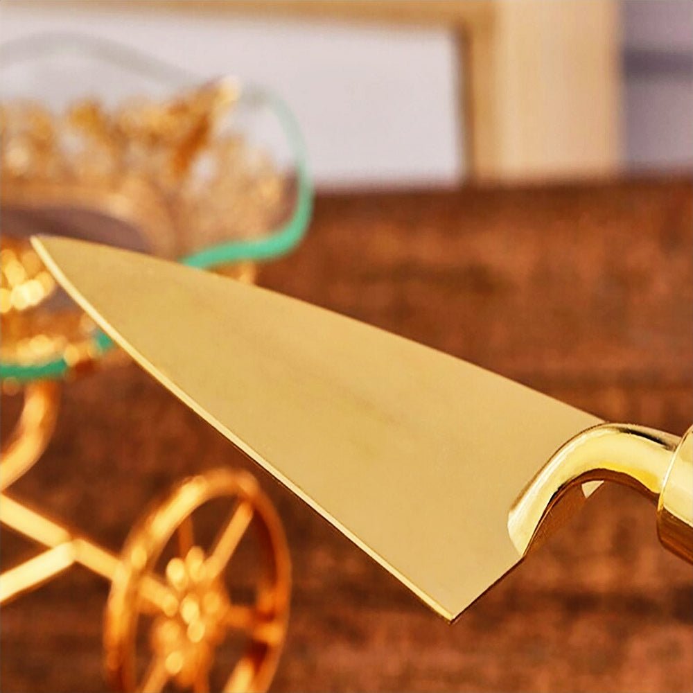 Serving set cake, showing gold knife. Perfect for elegant celebrations.