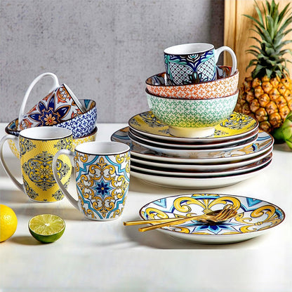 A set of dinner plates, salad plates, mugs, and cereal bowls are arranged together, showcasing options available for shop deals on dinnerware sets.