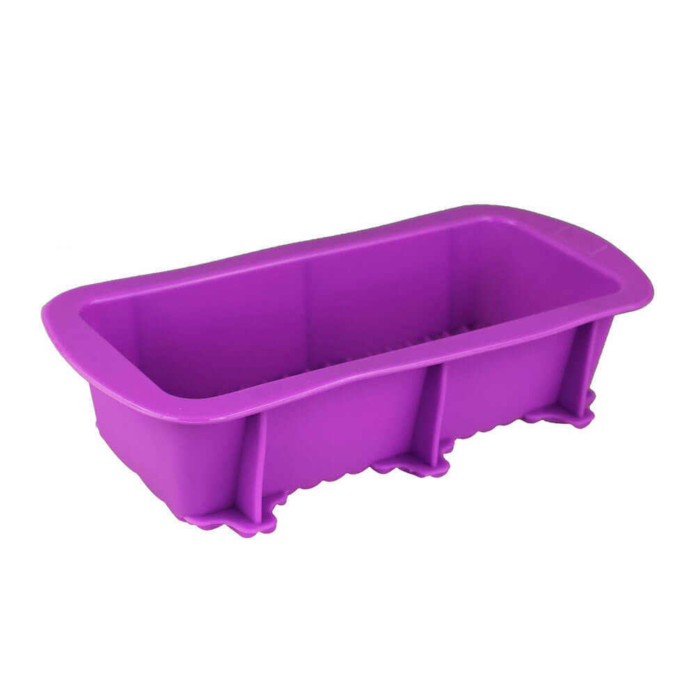 A vibrant purple silicone baking loaf pan with a smooth interior and sturdy edges, designed for baking bread and other loaf-shaped recipes.