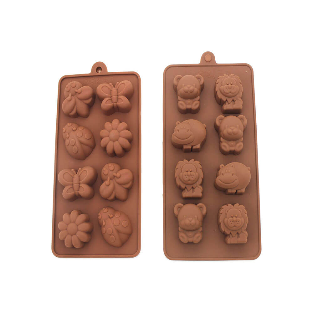 Two brown silicone candy molds featuring fun and detailed designs, including flowers, butterflies, animals, and more. Perfect for making chocolates or gummies with ease.