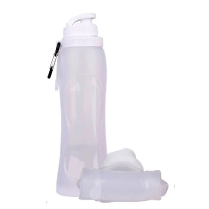 Clear silicone collapsible bottle with white cap and carabiner, shown upright alongside its folded compact version for easy storage.