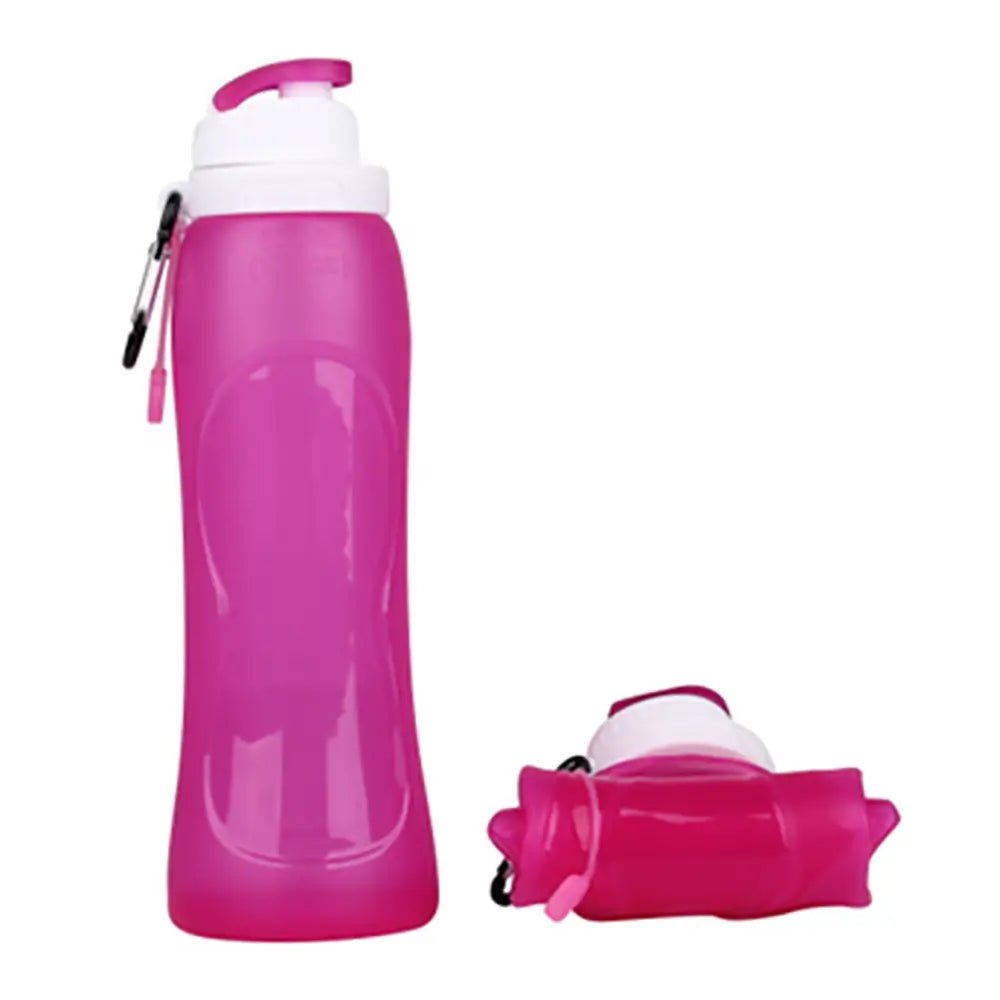 Pink silicone collapsible water bottle with white cap and carabiner, shown upright beside its folded compact form